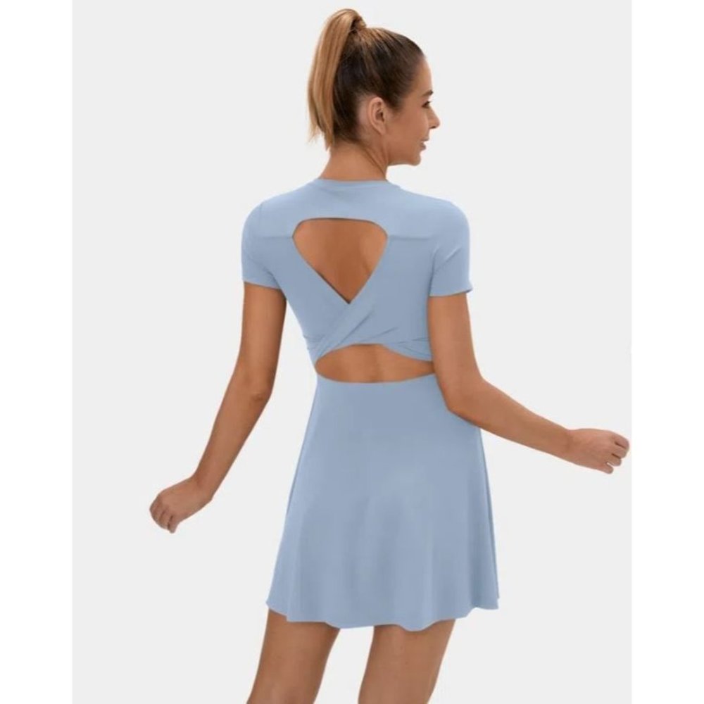 Halara Backless Twisted Cut Out Flare Dress Light Grey Blue Size XL NWT 122